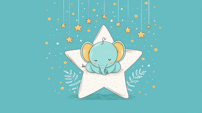 Kids-Mundo flat artwork of a sleepy baby elephant resting on a star with hanging golden stars on teal
