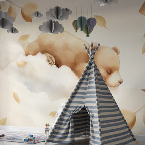 Sepia bear on cloud mural wallpaper in modern baby bedroom decor by Kids-Mundo