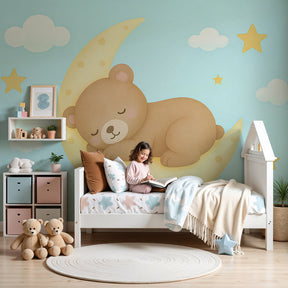 Sleepy bear mural wallpaper creating peaceful nursery decor with moon and stars by Kids-Mundo