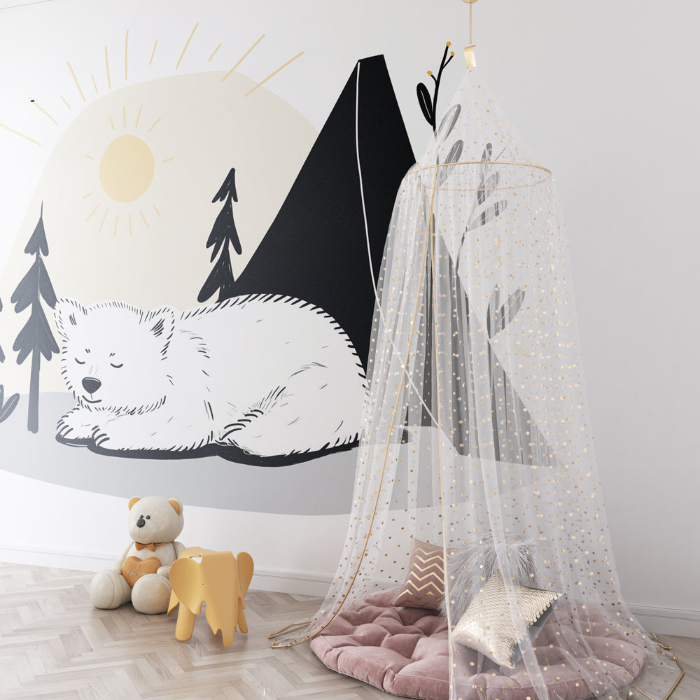 Forest camping mural wallpaper with sleeping bear for children's playroom decor