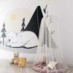 Forest camping mural wallpaper with sleeping bear for children's playroom decor