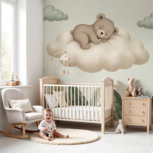 Kids-Mundo sleepy bear on a cloud wall mural styled in a calm, restful baby nursery
