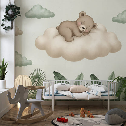 Kids-Mundo sleepy bear wall mural bringing a calm, dreamy feel to a playroom wall