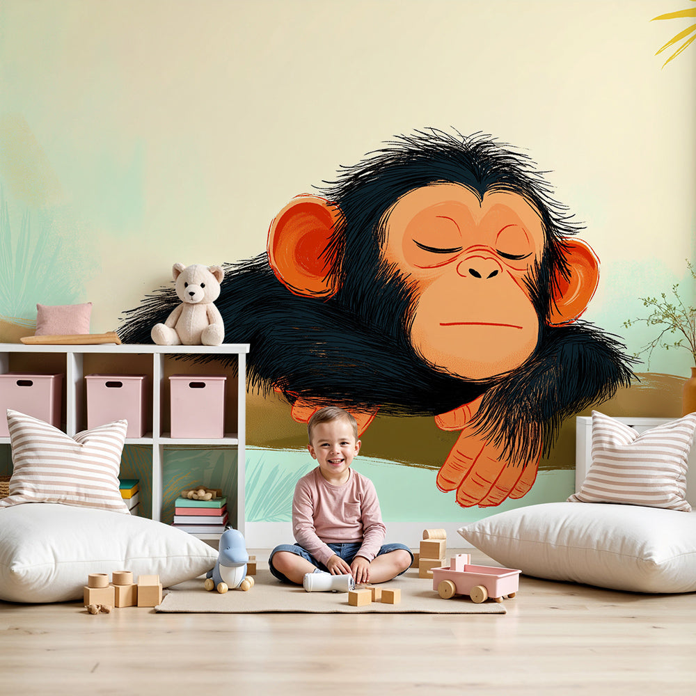 Kids-Mundo sleepy baby chimp wall mural on a warm nursery wall behind a crib