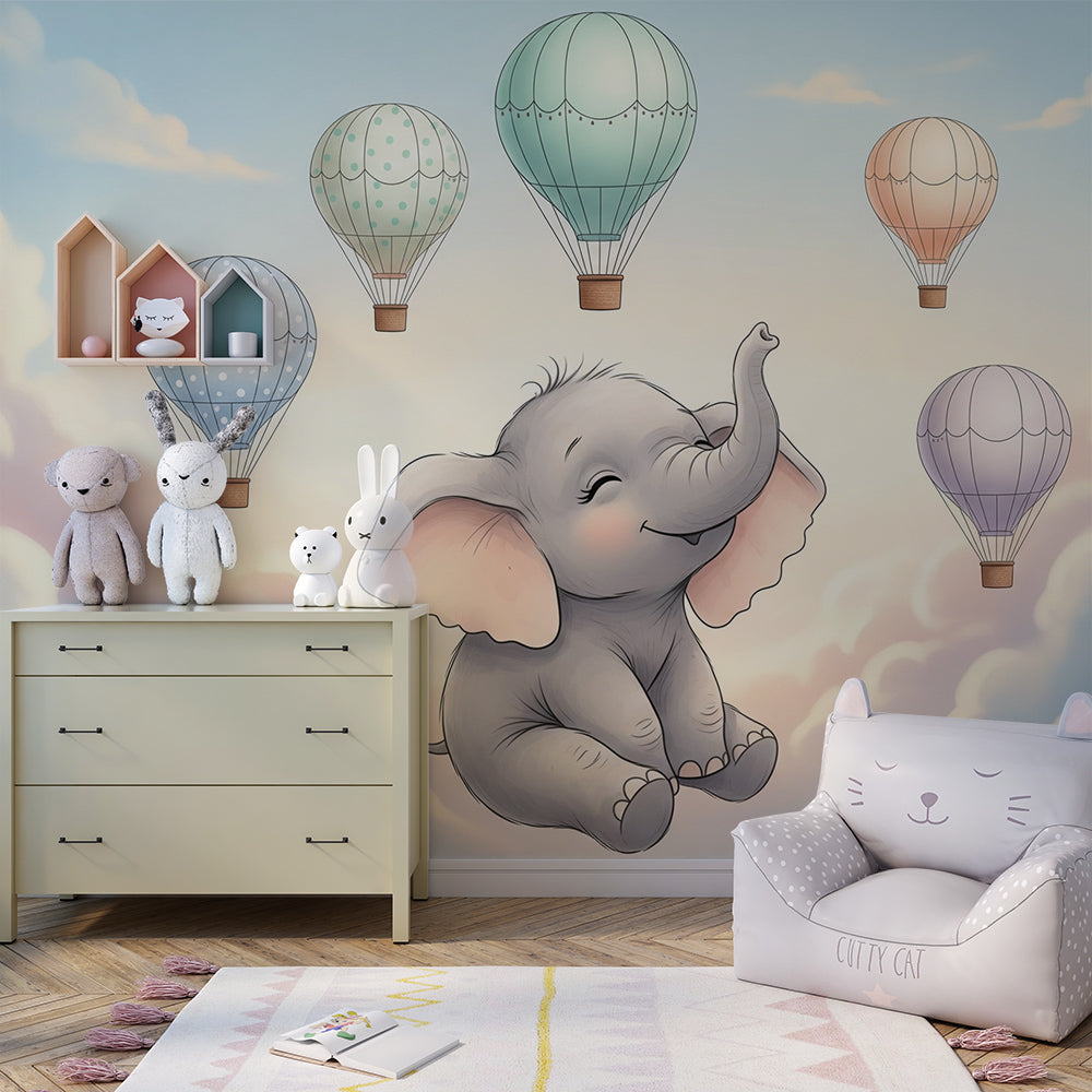 Kids-Mundo elephant balloon wall mural with pastel balloons in a children's bedroom
