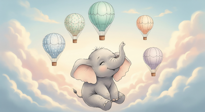 Kids-Mundo flat artwork of a sleepy elephant surrounded by five pastel hot air balloons