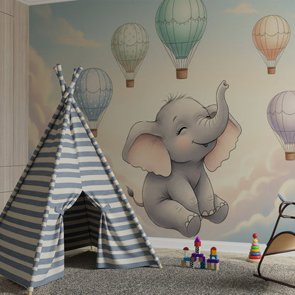 Kids-Mundo elephant hot air balloon wall mural in a playroom feature wall