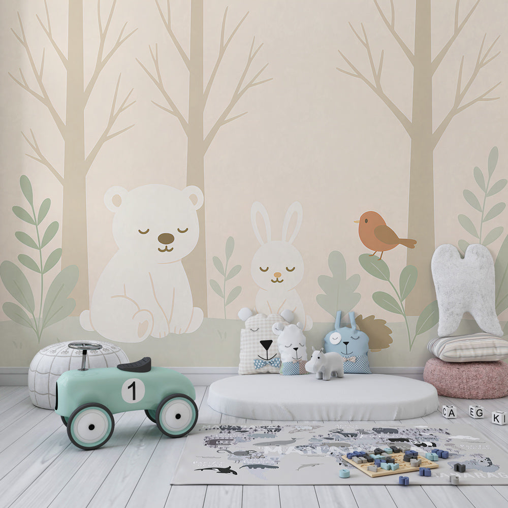 Kids-Mundo sleepy forest animals wall mural decorating a calm kids bedroom wall