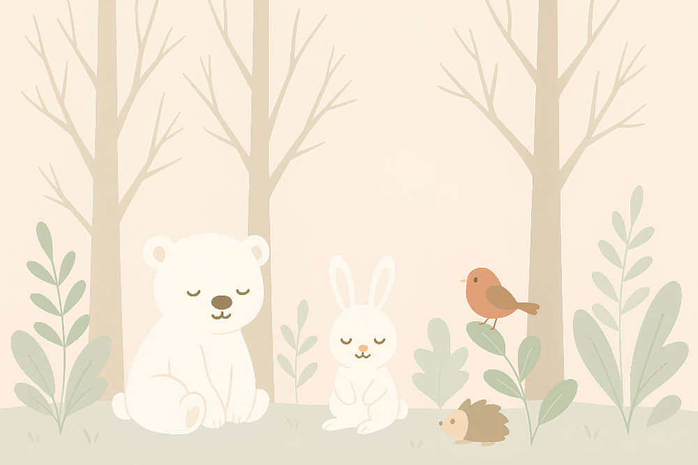 Kids-Mundo illustration of a sleepy bear, bunny and hedgehog among trees mural artwork