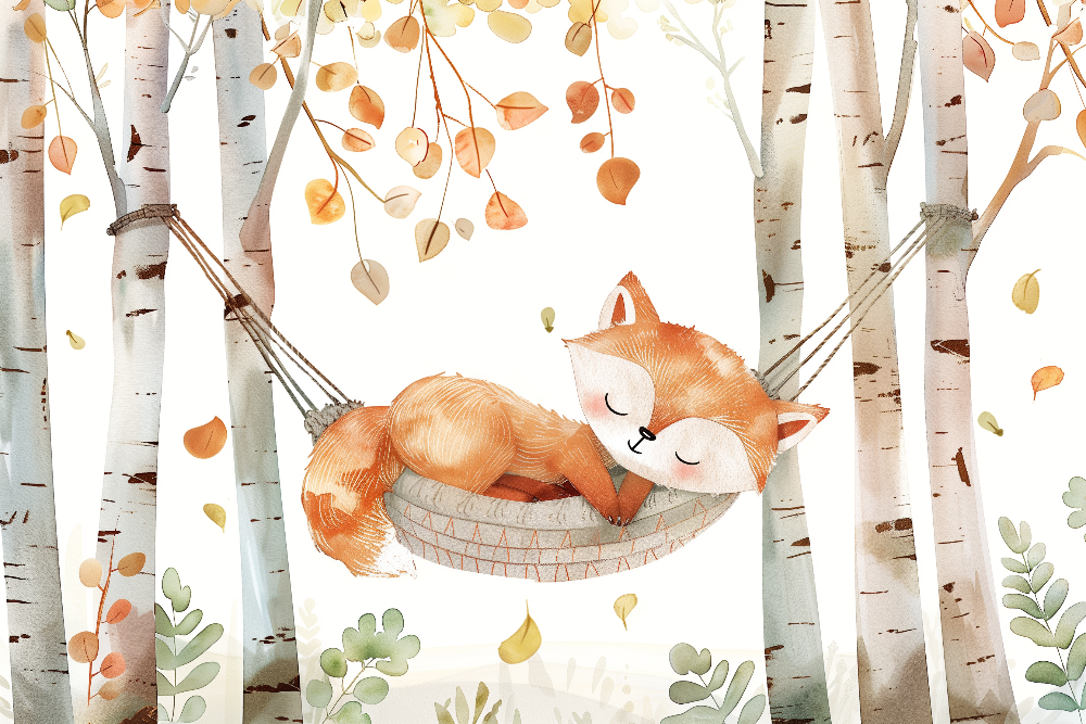 Sleepy Fox in a Birch Forest Hammock Wall Mural