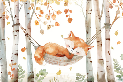 Kids-Mundo flat artwork preview of the sleepy fox birch forest hammock mural