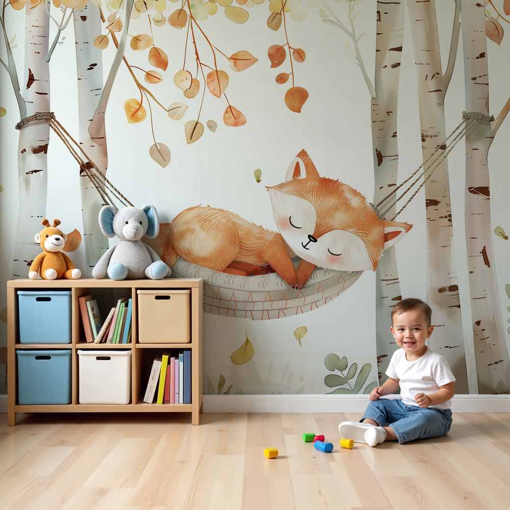 Kids-Mundo sleepy fox wall mural with birch trees styled in a calm nursery room