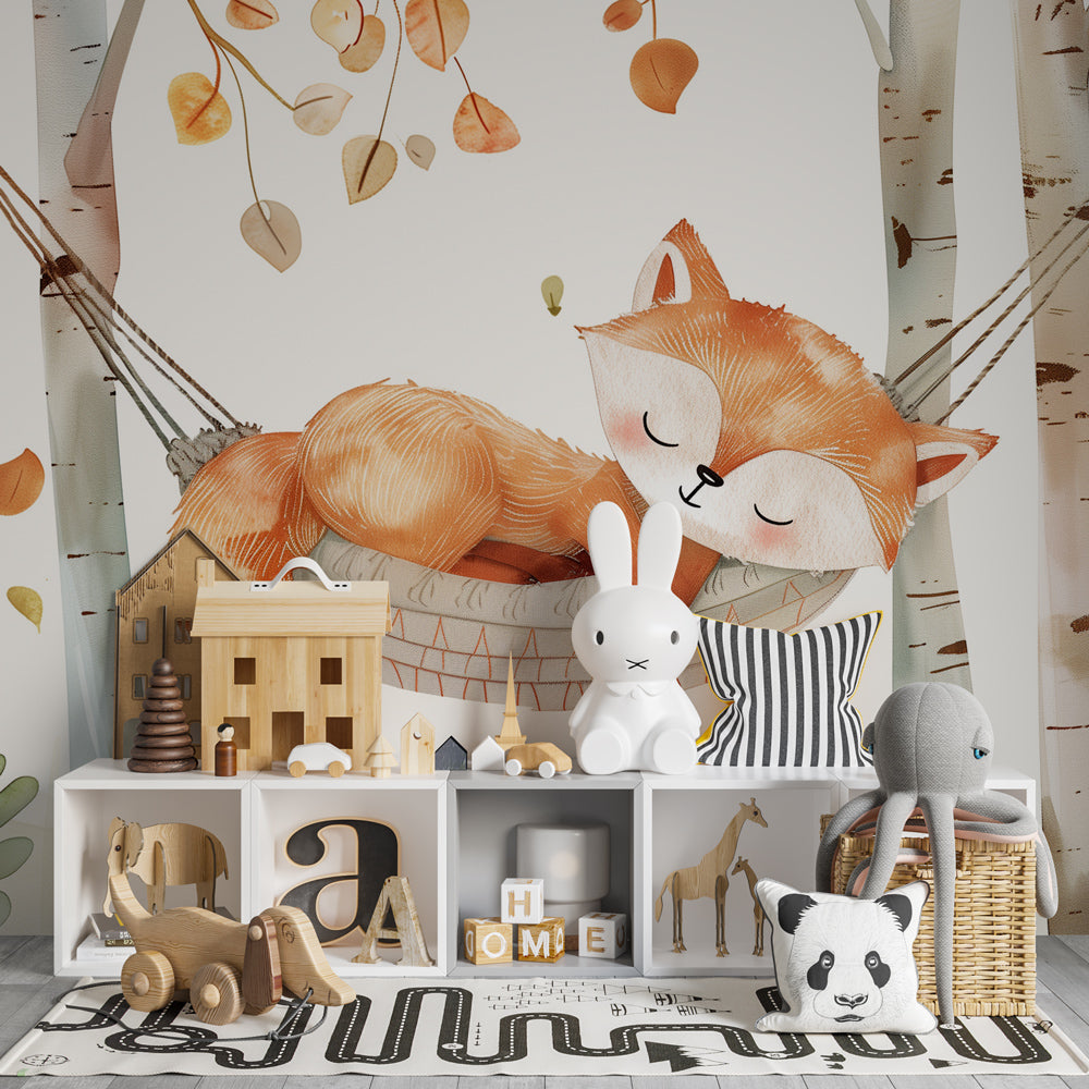 Kids-Mundo autumn birch forest fox mural displayed in a soft kids' playroom