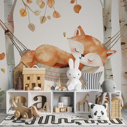 Kids-Mundo autumn birch forest fox mural displayed in a soft kids' playroom