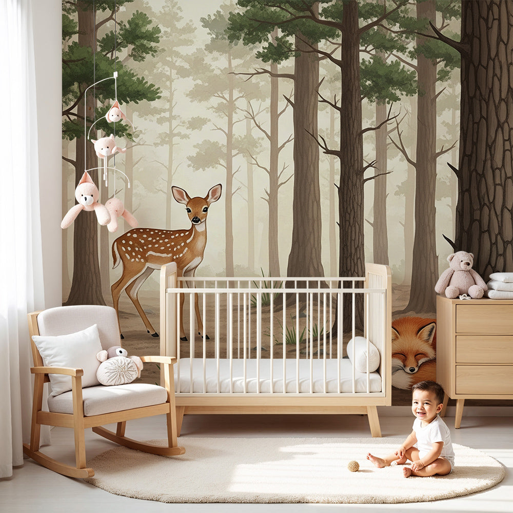 Kids-Mundo sleepy fox and fawn forest wall mural in a soft green nursery