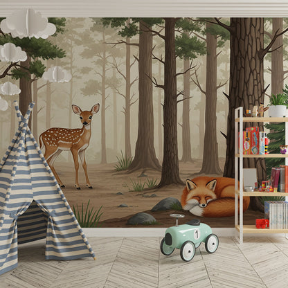 Kids-Mundo misty pine forest mural with fox and fawn in a playful playroom