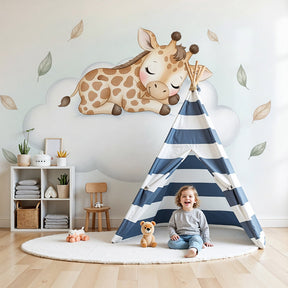 Sleepy giraffe mural wallpaper in modern baby nursery with white crib by Kids-Mundo