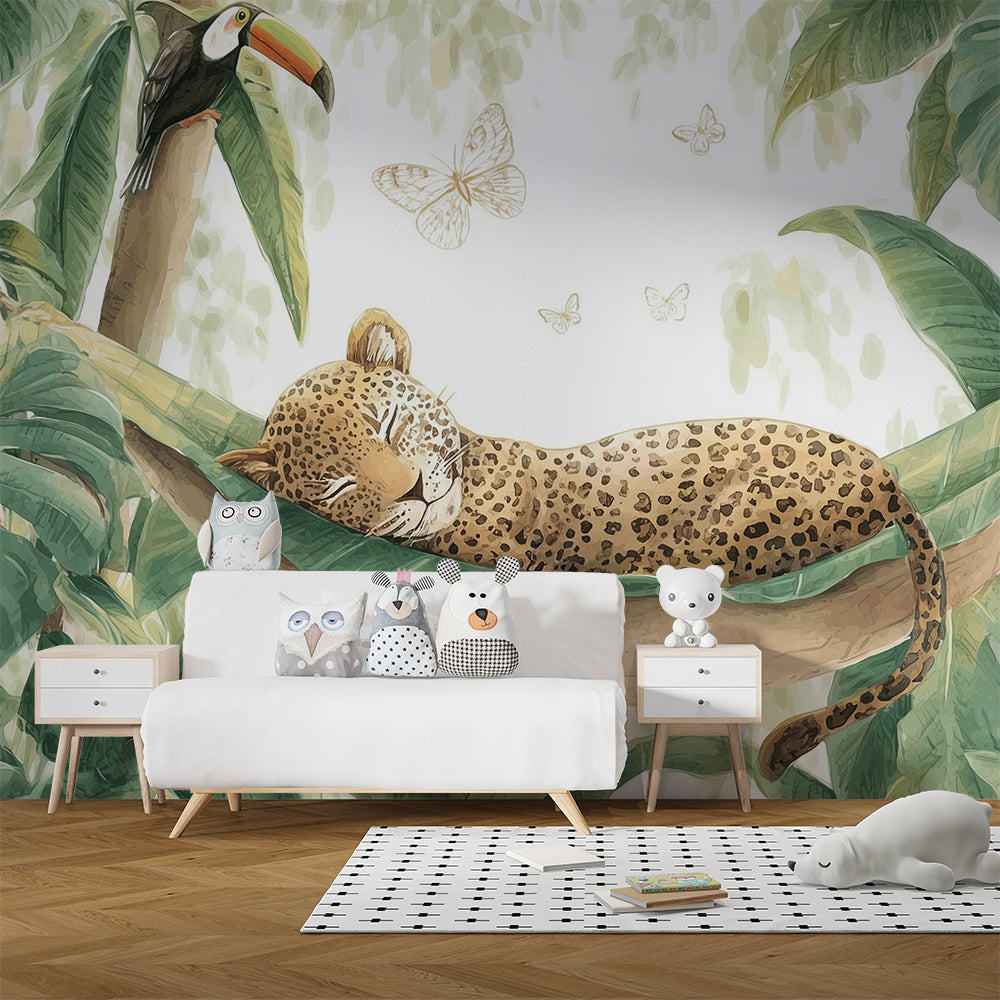 Kids-Mundo leopard hammock wall mural covering a feature wall in a child's bedroom.