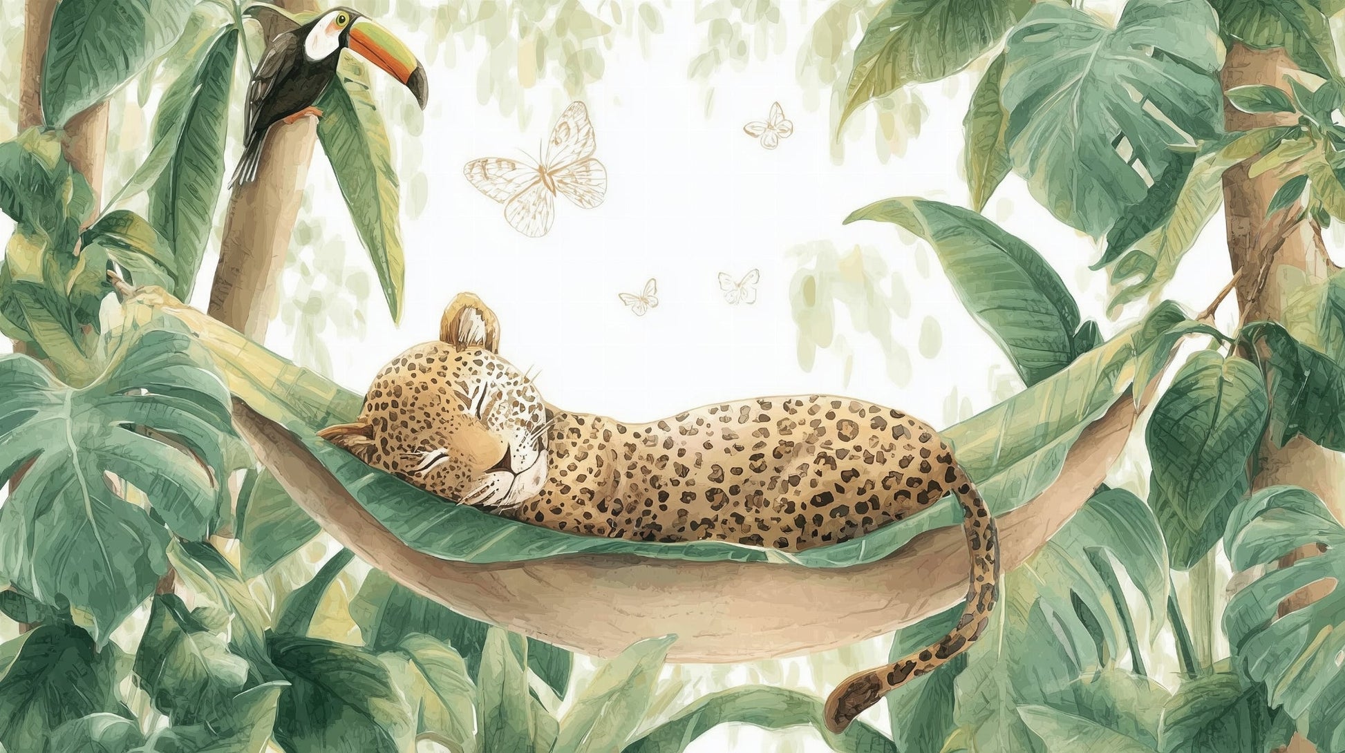 Kids-Mundo flat artwork of a sleeping leopard in a jungle hammock with a toucan and butterflies.