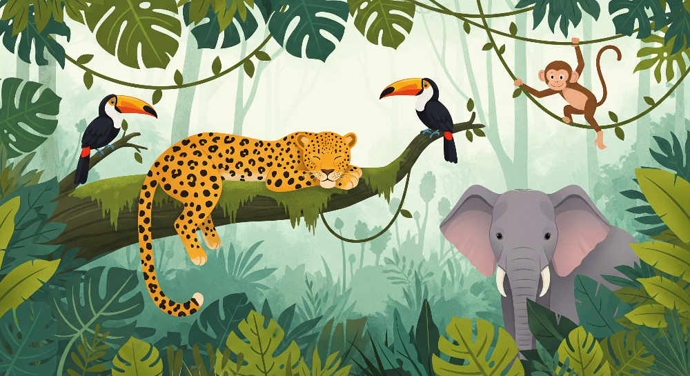 Kids-Mundo painterly artwork of a sleeping leopard, two toucans and an elephant in mist