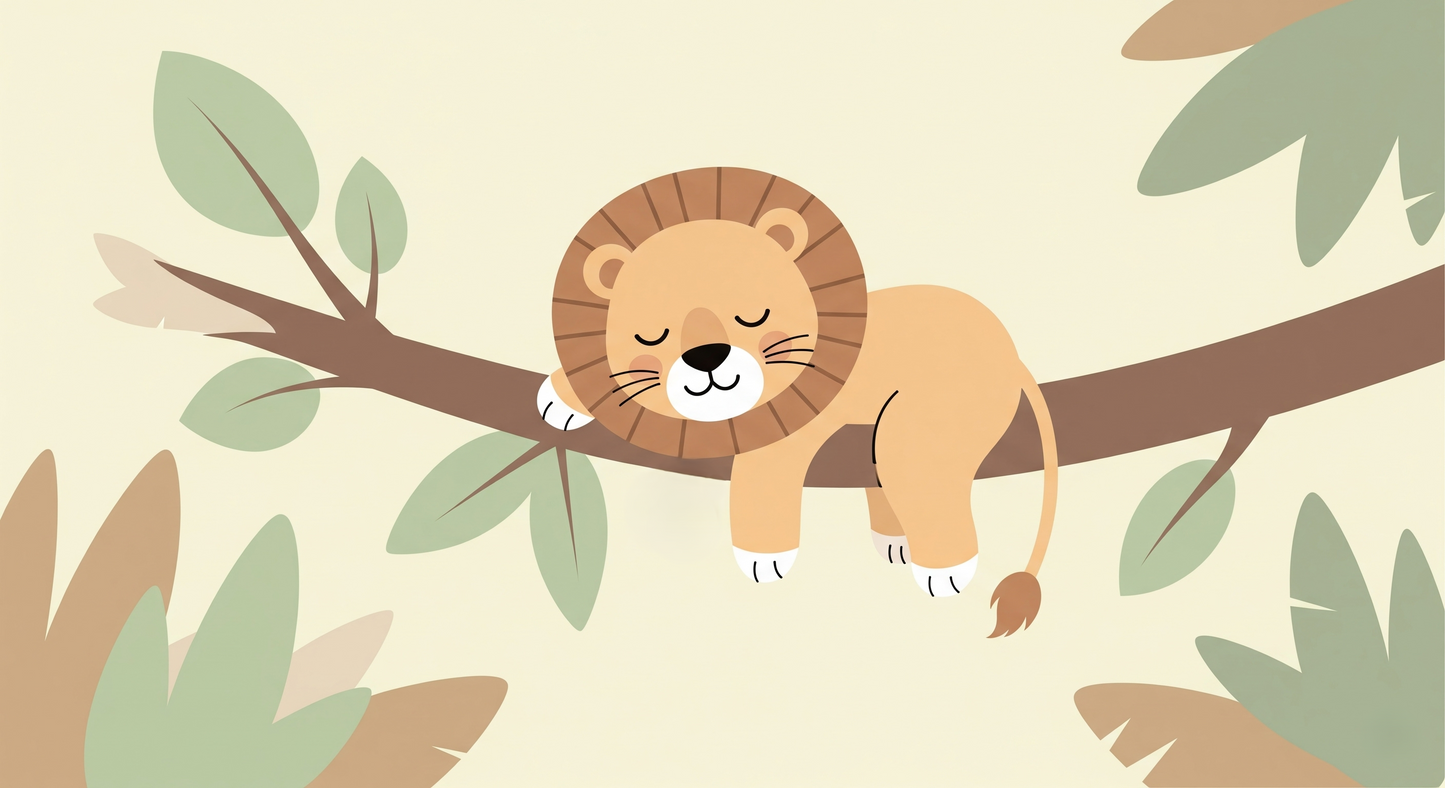 Kids-Mundo flat artwork of a sleepy lion cub resting on a leafy tree branch