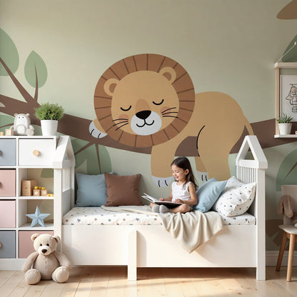 Kids-Mundo sleepy lion wall mural styled above a cot in a soft beige nursery