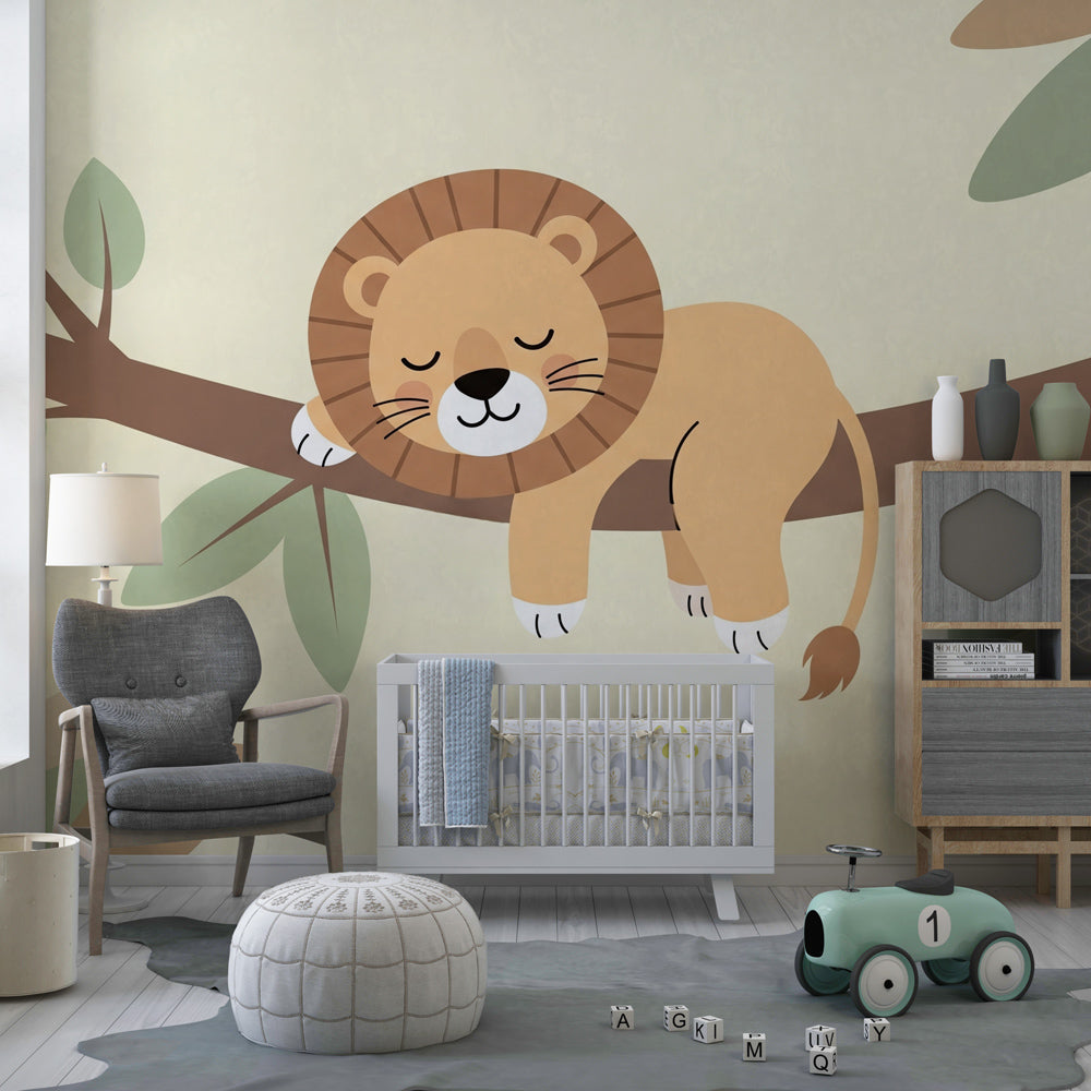 Kids-Mundo cute lion wall mural adding safari charm to a kids' playroom