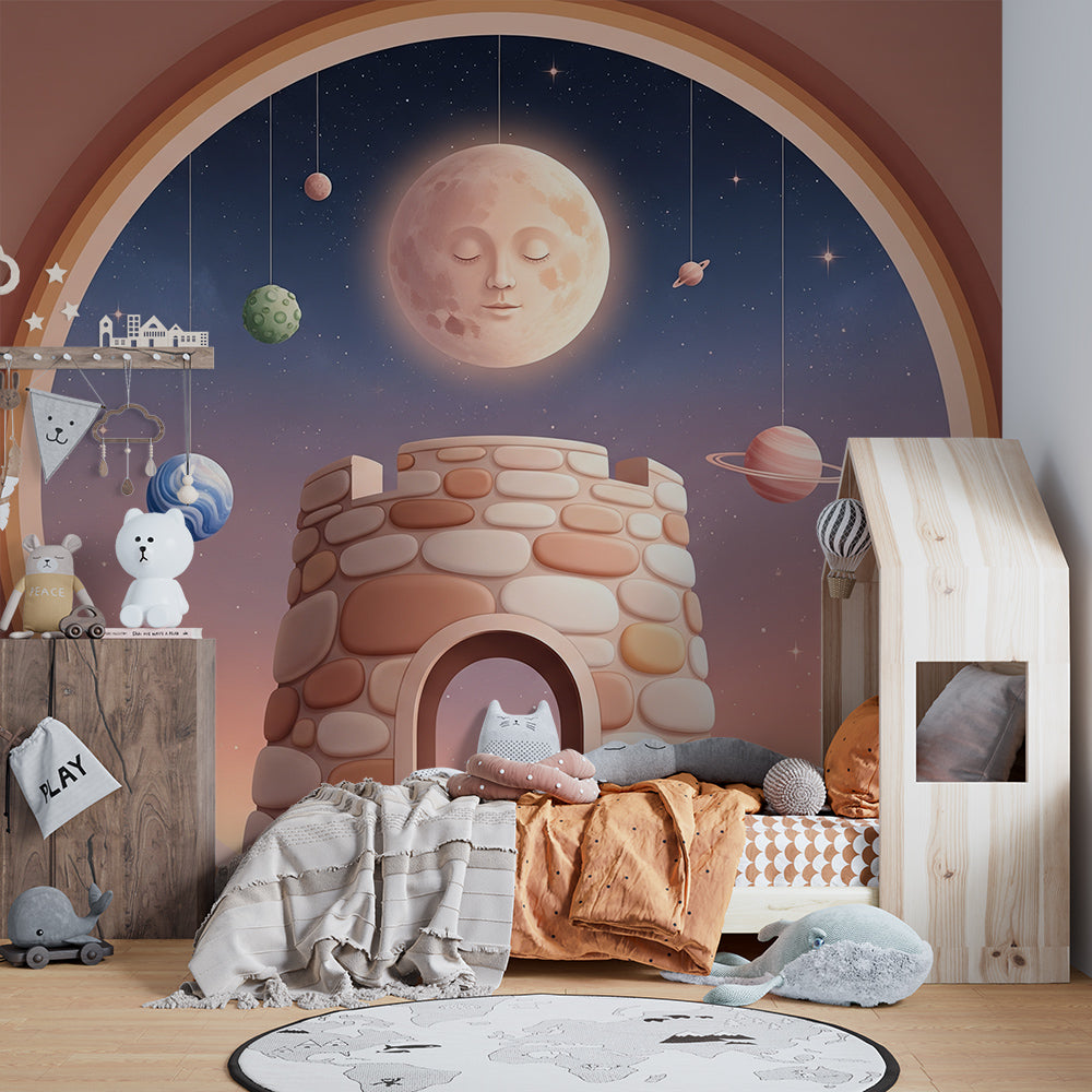 Kids-Mundo sleepy moon and castle tower wall mural on a feature wall in a kids bedroom