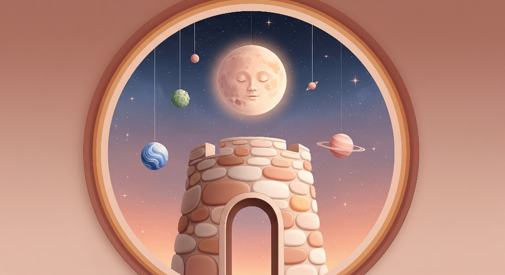 Flat artwork preview of the Kids-Mundo sleepy moon castle tower wall mural design