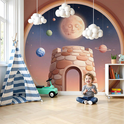 Sleepy moon castle wall mural by Kids-Mundo styled above a cot in a cosy nursery