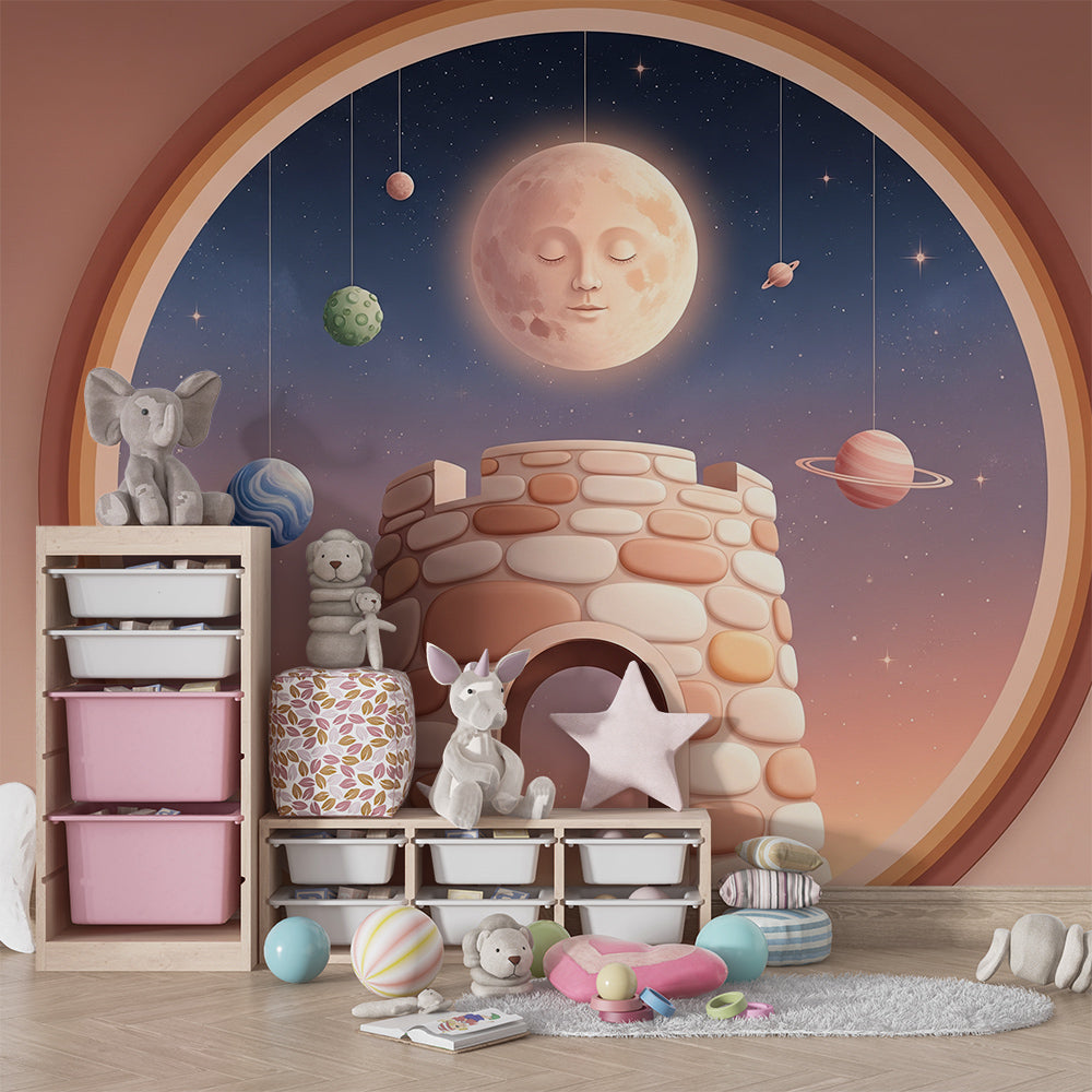 Sleepy moon castle wall mural from Kids-Mundo shown along one wall of a storybook playroom