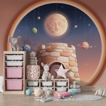 Sleepy moon castle wall mural from Kids-Mundo shown along one wall of a storybook playroom