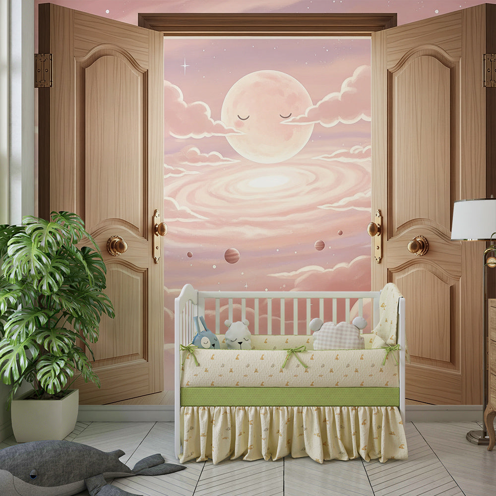 Kids-Mundo sleepy moon mural on a kids bedroom wall, with pink clouds and small ringed planets