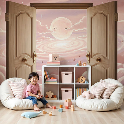 Kids-Mundo moon nursery wallpaper showing open wooden doors revealing a sleepy glowing moon