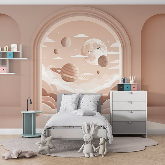 Kids-Mundo sleepy moon and planets archway mural as a soft feature wall in a kids bedroom