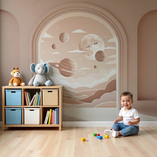 Kids-Mundo beige sleepy moon archway wall mural styled as calm nursery wallpaper