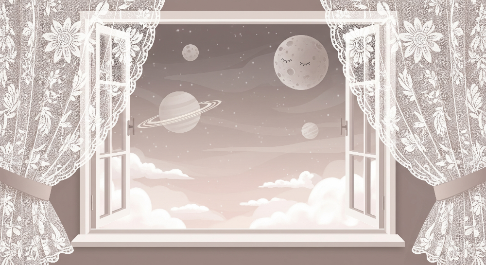 Kids-Mundo flat artwork of a lace-framed window with Saturn and a sleepy crescent moon.