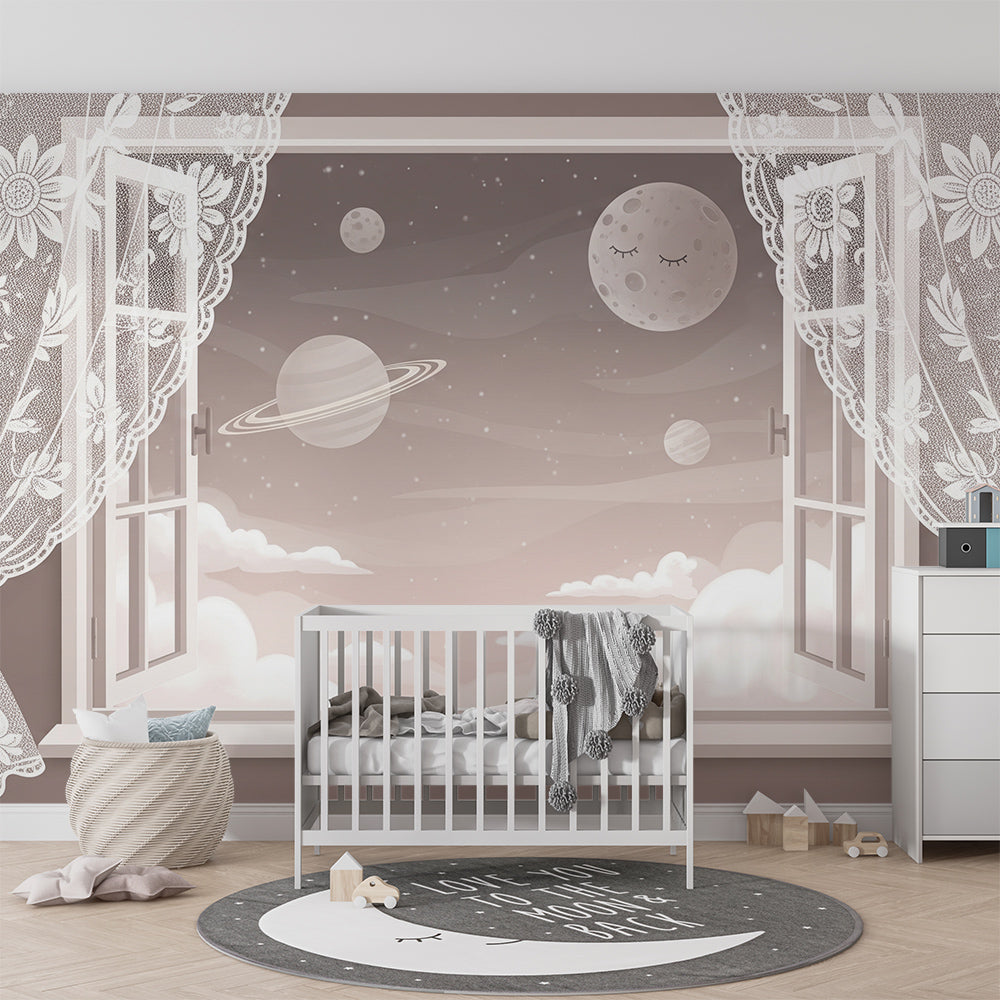 Kids-Mundo sleepy moon wall mural bringing a calm night-sky mood to a playroom wall.