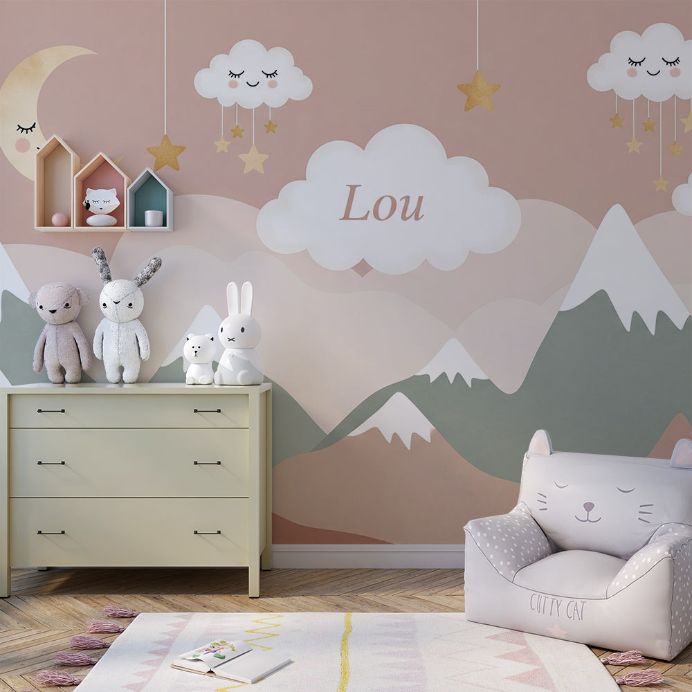 Kids-Mundo mountain wall mural with clouds and stars styled on a kids bedroom wall
