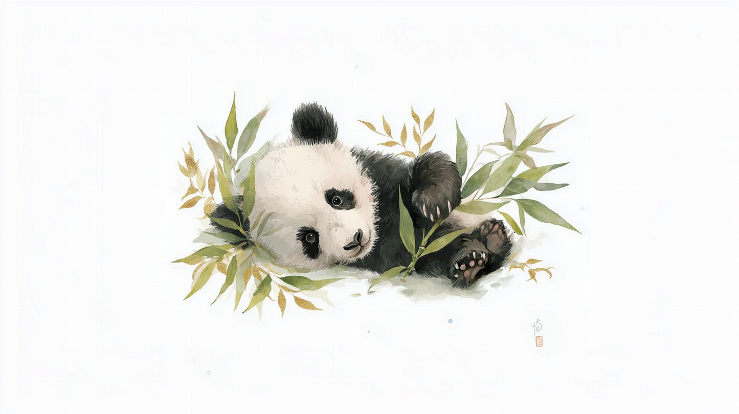 Flat artwork of the Kids-Mundo sleepy panda wall mural resting among green bamboo leaves
