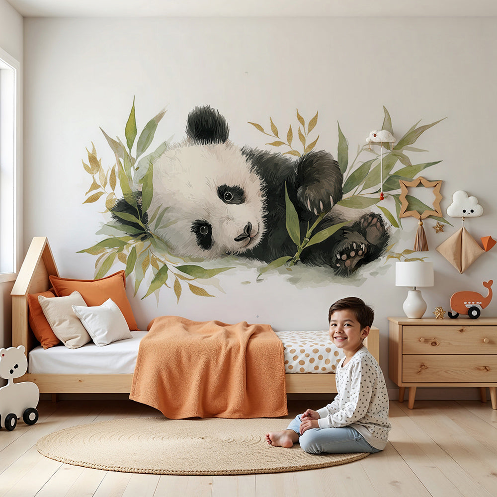 Kids-Mundo sleepy panda bamboo wall mural styled behind a cot in a calm, botanical nursery