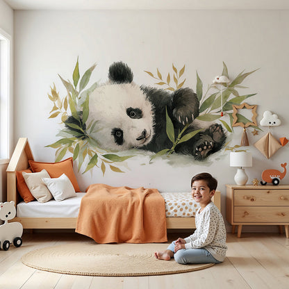Kids-Mundo sleepy panda bamboo wall mural styled behind a cot in a calm, botanical nursery