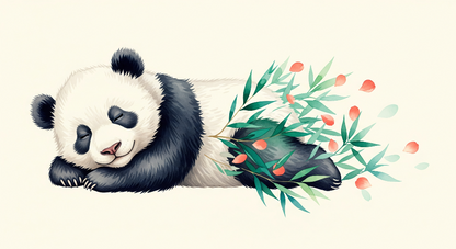 Kids-Mundo panda wall mural artwork showing a sleeping panda curled beside a leafy berry branch.