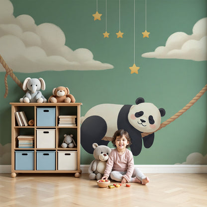 Kids-Mundo sleepy panda wall mural on a rope styled in a calm nursery room