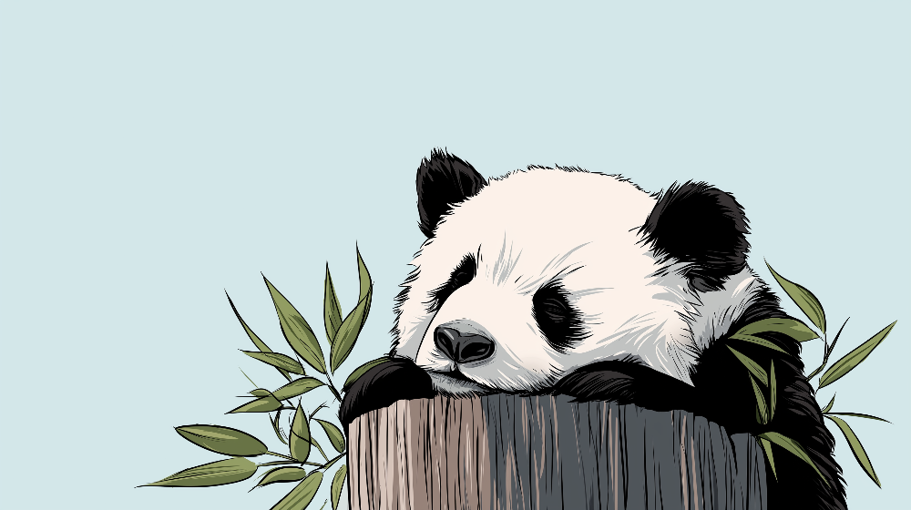 Kids-Mundo flat artwork of a sleepy panda resting on a tree stump with bamboo leaves