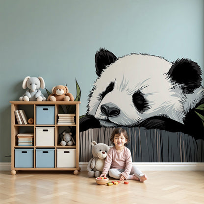 Kids-Mundo sleepy panda tree stump wall mural styled above a cot in a calm blue nursery