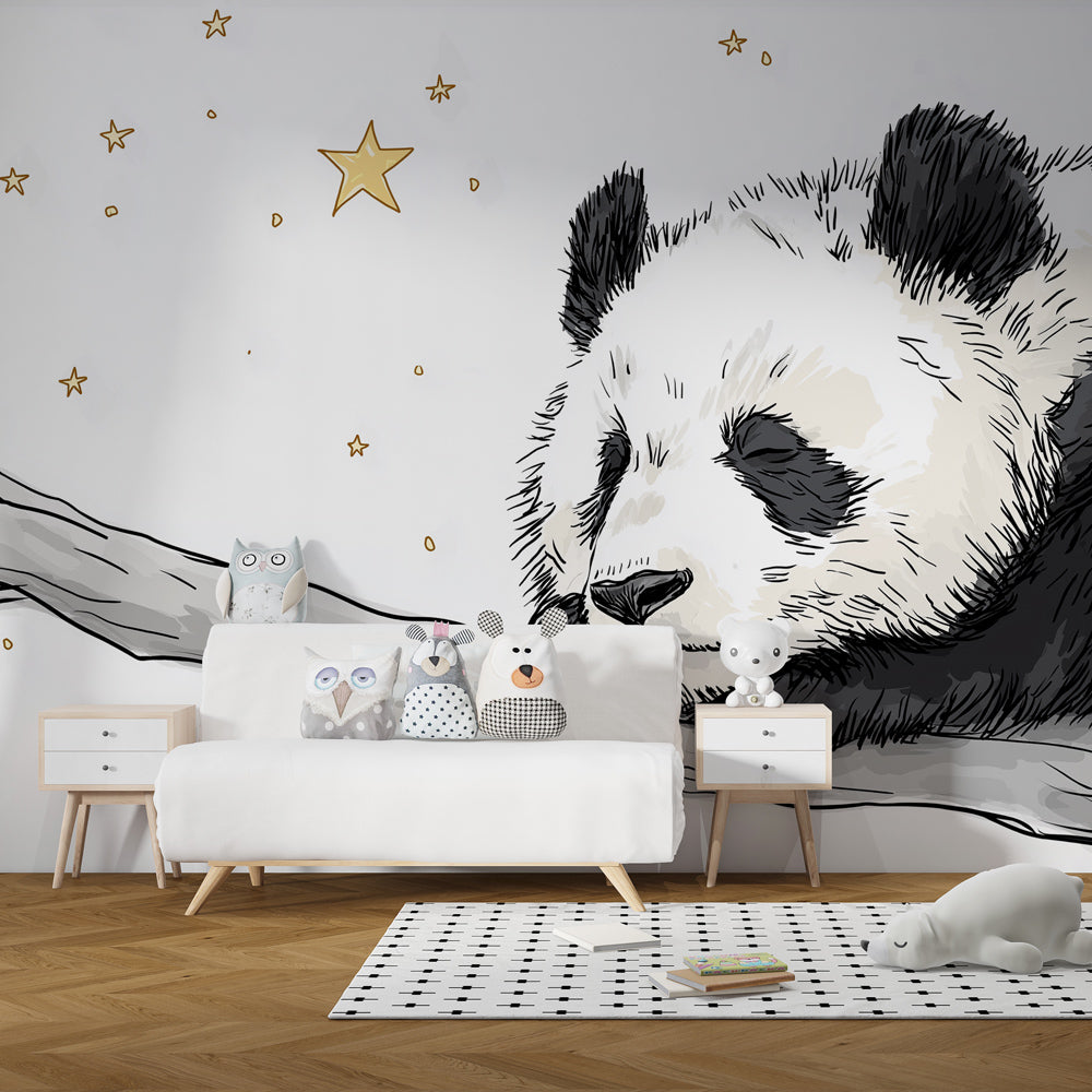 Kids-Mundo panda and stars wall mural made to measure for a kids bedroom wall