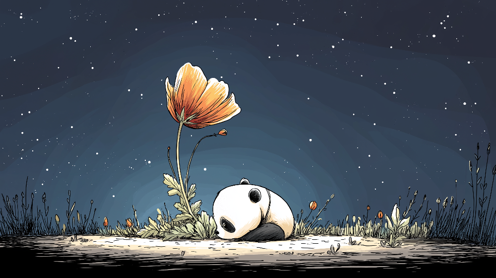 Kids-Mundo flat artwork of a sleepy panda lying under a starry sky beside a flower