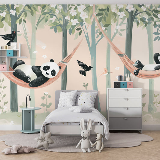 Panda blossom forest wall mural by Kids-Mundo covering a feature wall in a kids bedroom.