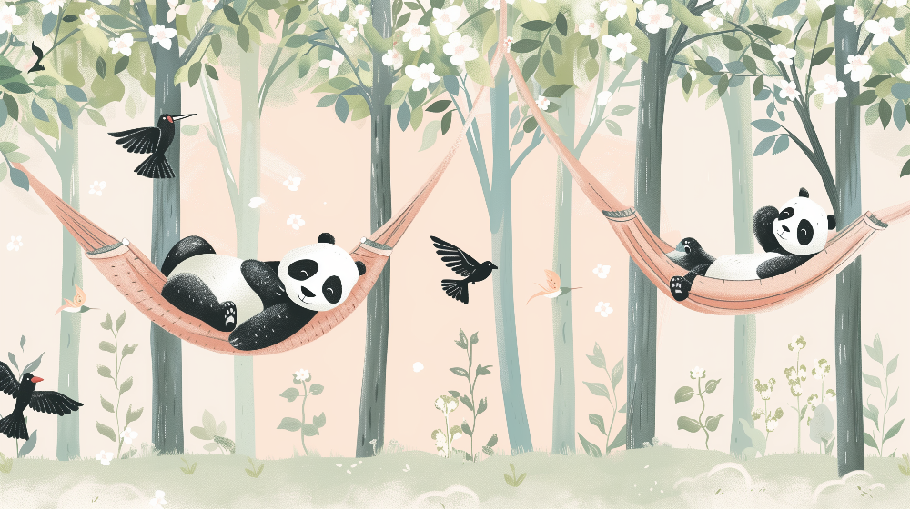 Sleepy Pandas in Blossom Forest Hammocks Wall Mural